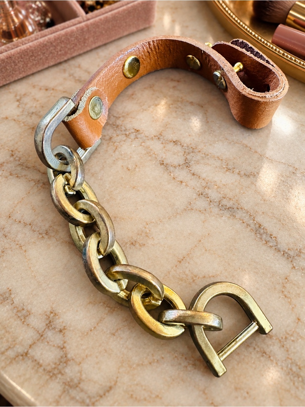 Vintage Tan Leather & Industrial Brass Link Statement Bracelet